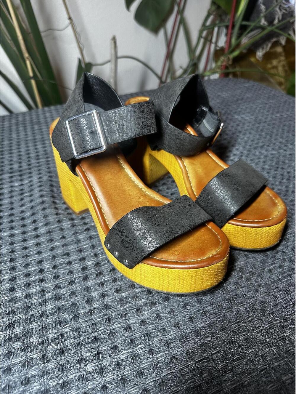 Black and Yellow Platform Block Heel Sandals